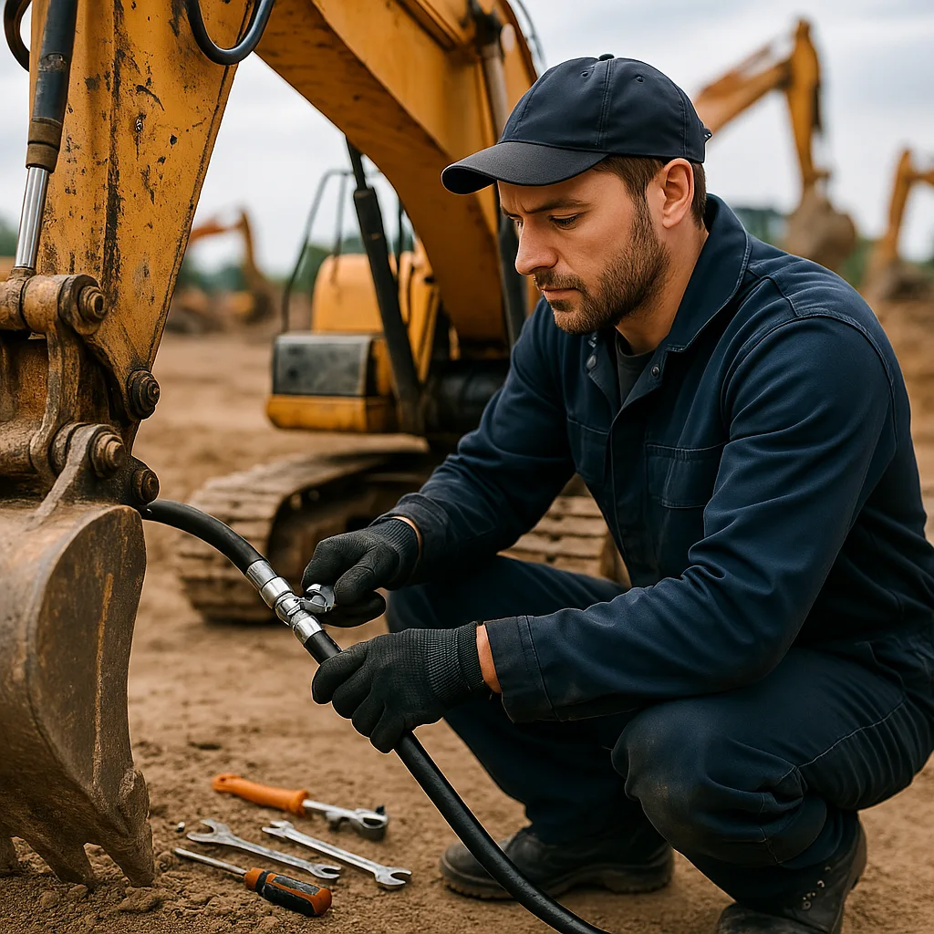Technicien qui monte un flexible hydraulique sur une pelle de chantier